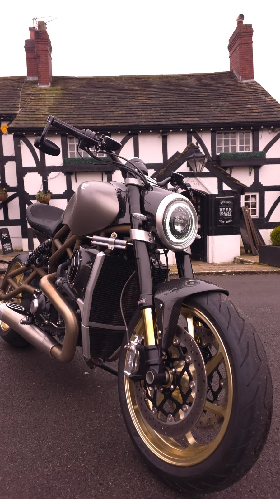 Lightspeed headlamp outside a Lancashire inn