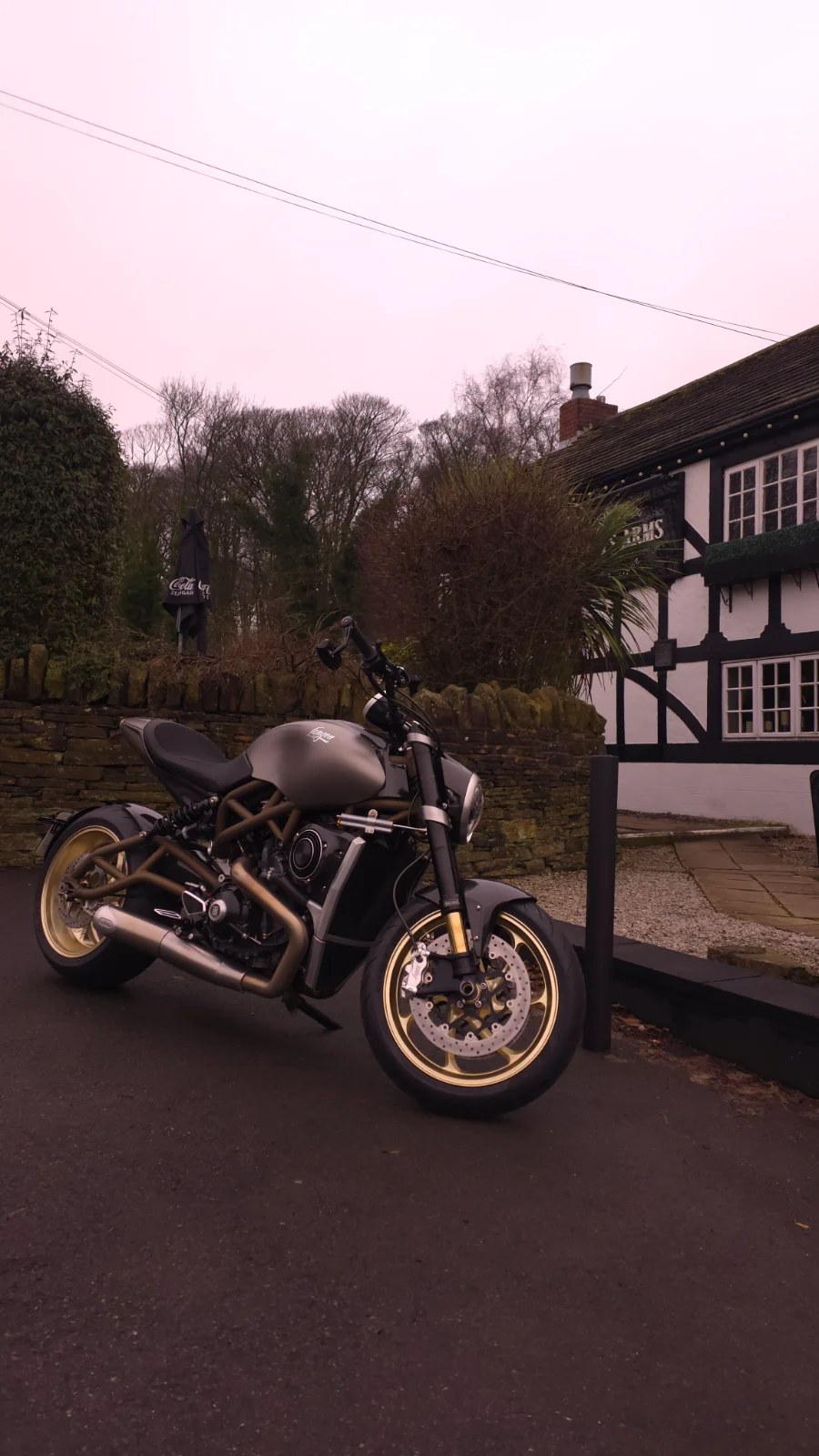Lightspeed outside a Lancashire inn at dusk